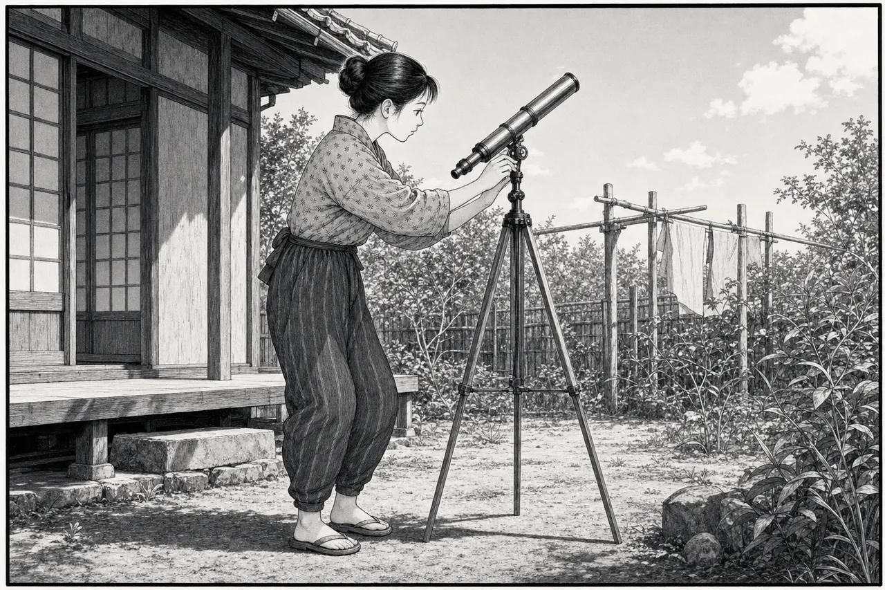 1944年の東京の庭先で、若い女性が小さな屈折望遠鏡を昼の空へ向けて角度を調整している