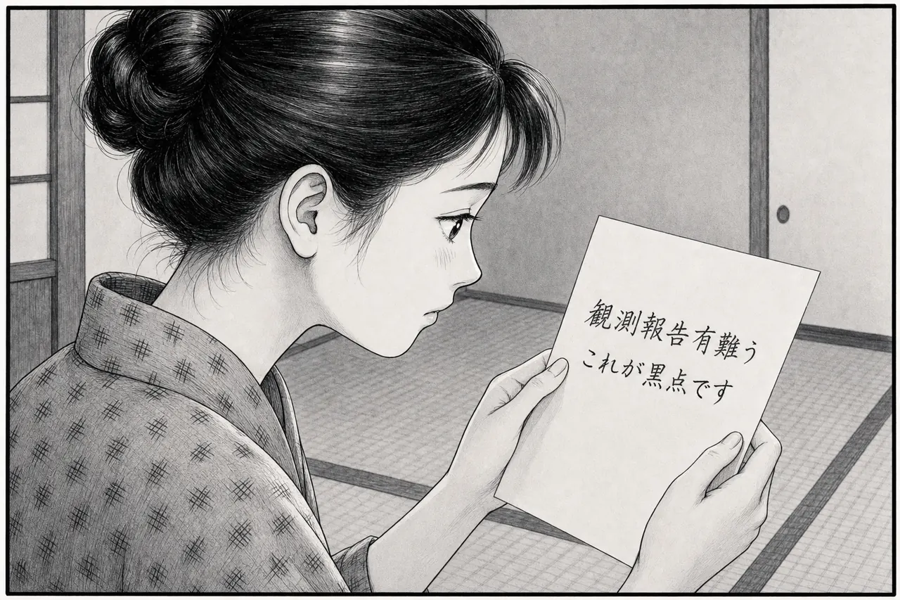 畳の部屋で、女性が便箋を両手で持ち読んでいる。便箋には「観測報告有難う これが黒点です」と書かれている