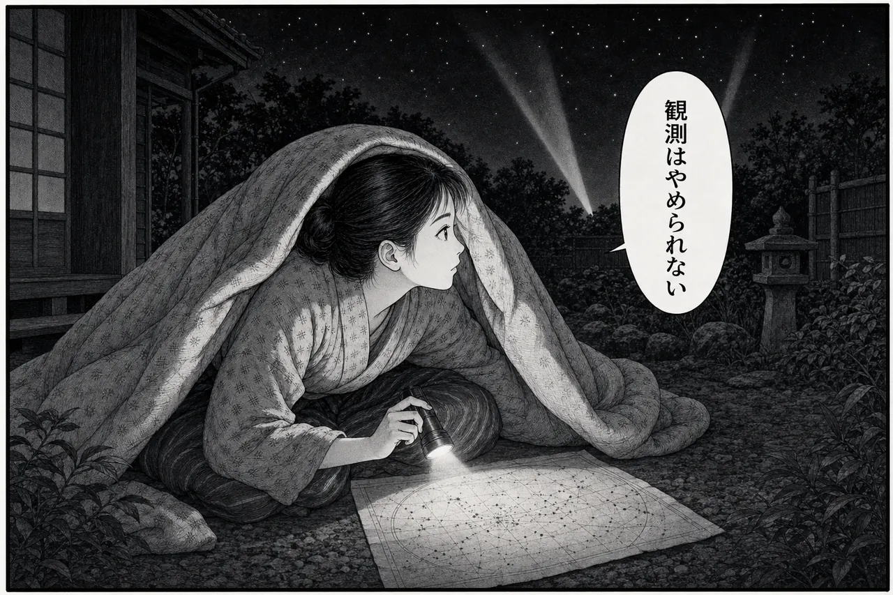 夜、布団をかぶった女性が懐中電灯で星図を照らしながら夜空を見上げている。吹き出しに「観測はやめられない」
