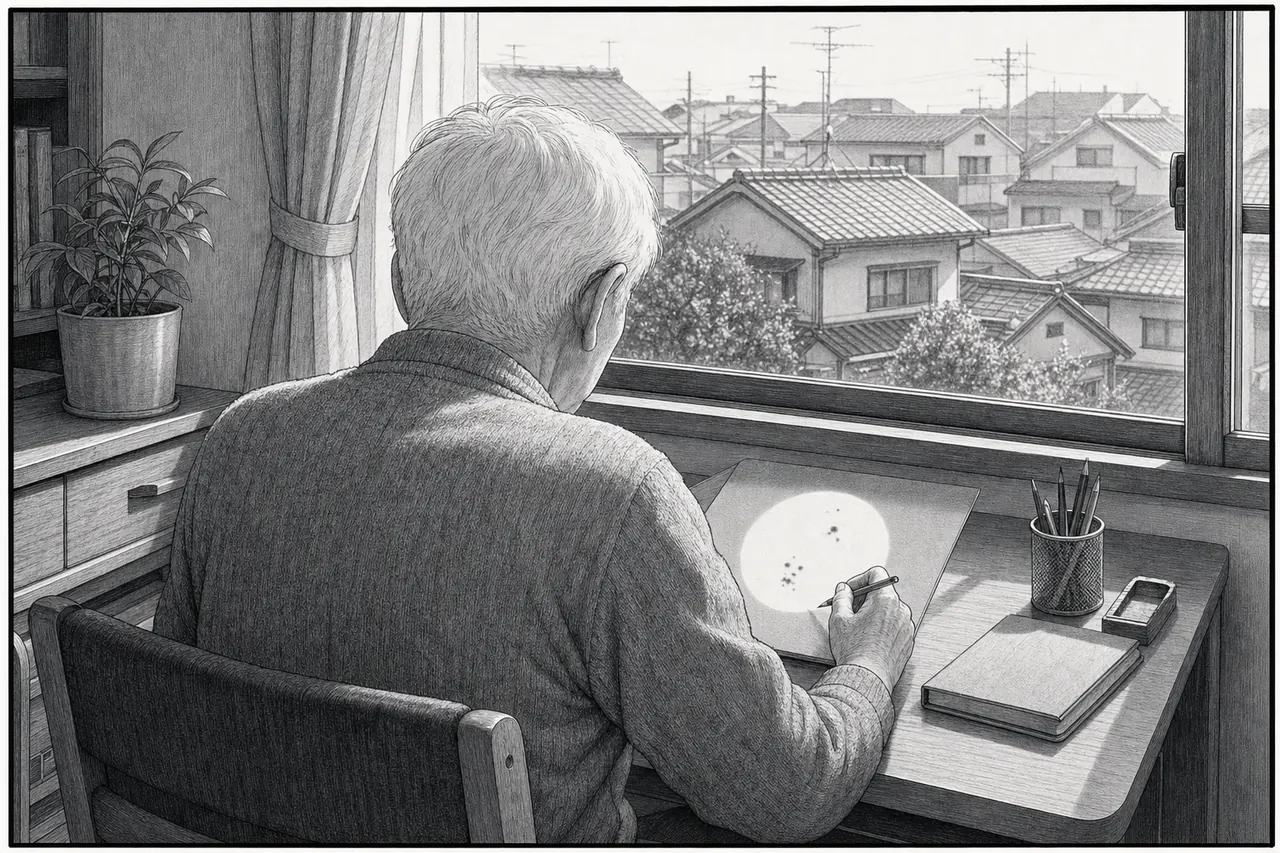 現代の住宅の窓辺で、白髪の高齢男性の後ろ姿。机で丸い太陽の投影像を鉛筆でスケッチしている